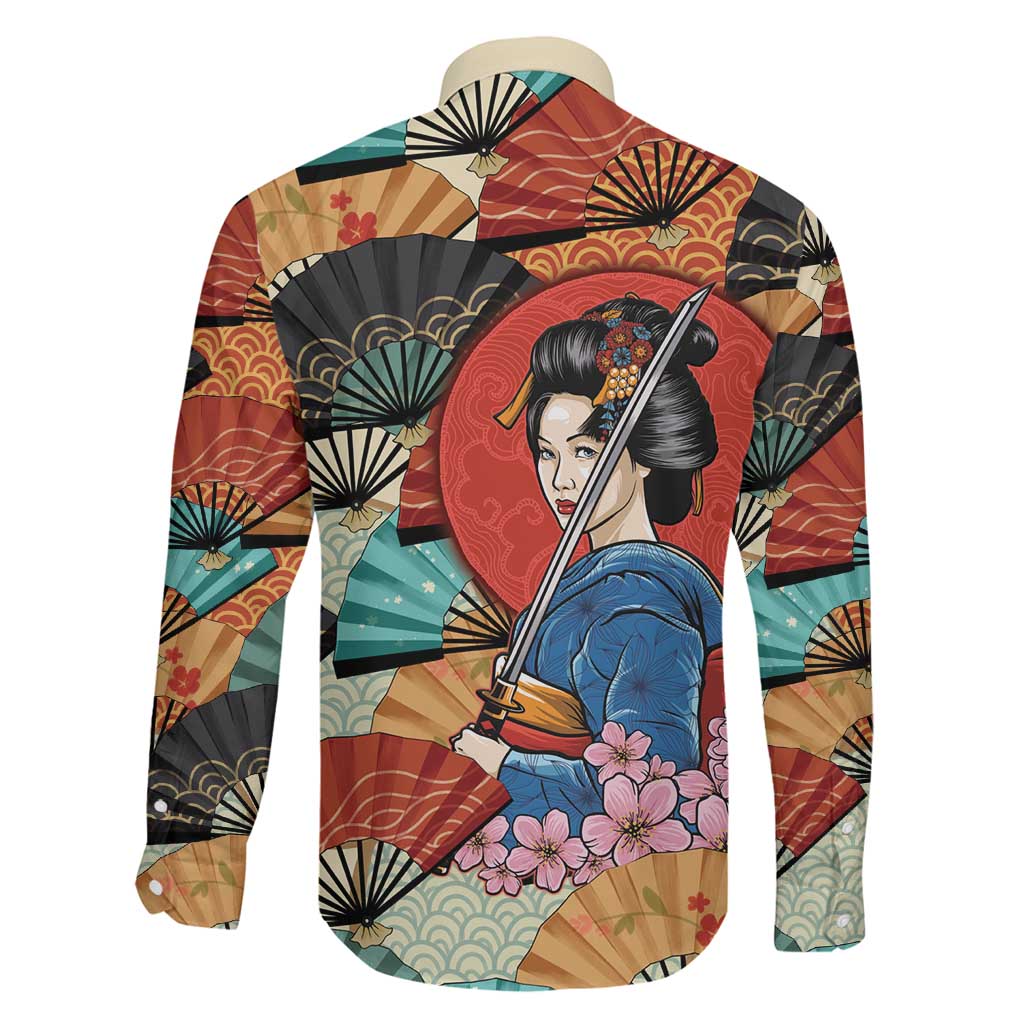 Japanese Geisha Katana Family Matching Off The Shoulder Long Sleeve Dress and Hawaiian Shirt Japan Sensu Seigaiha Pattern - Polynesian Pride