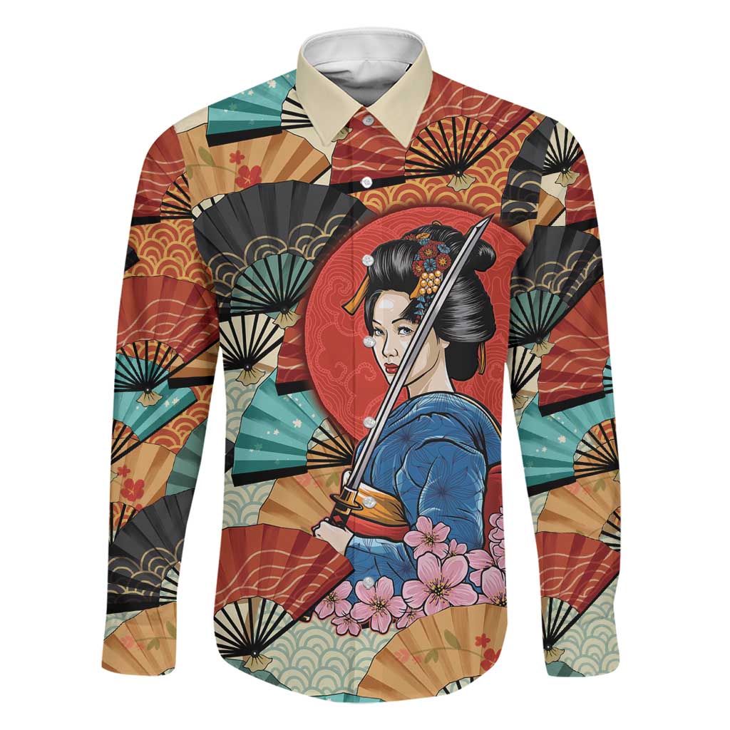 Japanese Geisha Katana Family Matching Off Shoulder Short Dress and Hawaiian Shirt Japan Sensu Seigaiha Pattern - Polynesian Pride