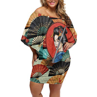 Japanese Geisha Katana Family Matching Off Shoulder Short Dress and Hawaiian Shirt Japan Sensu Seigaiha Pattern - Polynesian Pride