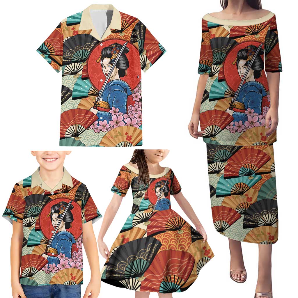 Japanese Geisha Katana Family Matching Puletasi and Hawaiian Shirt Japan Sensu Seigaiha Pattern LT14 - Polynesian Pride