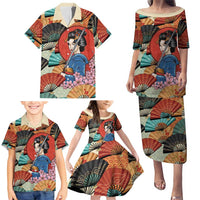 Japanese Geisha Katana Family Matching Puletasi and Hawaiian Shirt Japan Sensu Seigaiha Pattern - Polynesian Pride