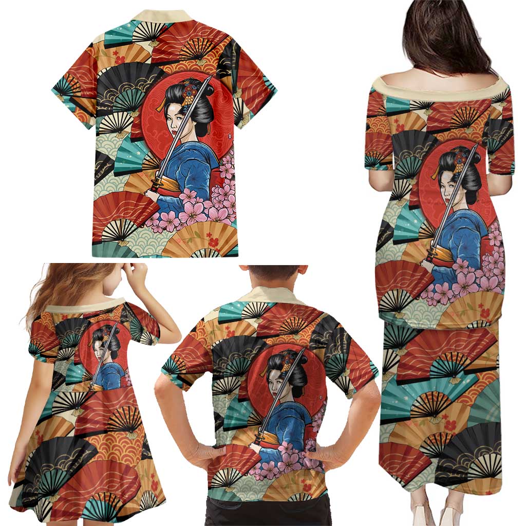 Japanese Geisha Katana Family Matching Puletasi and Hawaiian Shirt Japan Sensu Seigaiha Pattern - Polynesian Pride