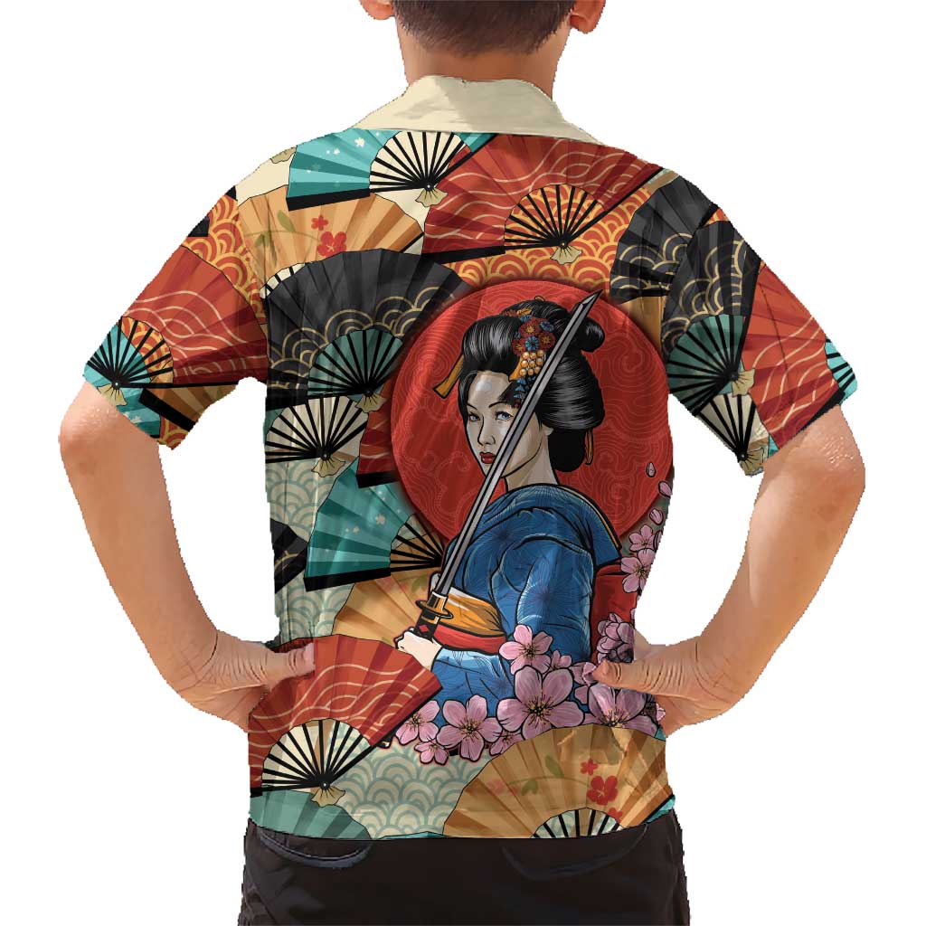 Japanese Geisha Katana Family Matching Short Sleeve Bodycon Dress and Hawaiian Shirt Japan Sensu Seigaiha Pattern - Polynesian Pride