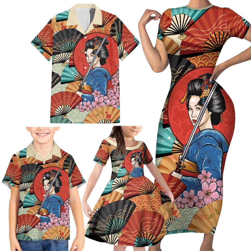 Japanese Geisha Katana Family Matching Short Sleeve Bodycon Dress and Hawaiian Shirt Japan Sensu Seigaiha Pattern - Polynesian Pride
