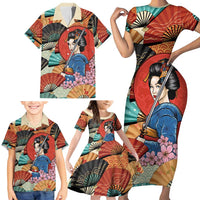 Japanese Geisha Katana Family Matching Short Sleeve Bodycon Dress and Hawaiian Shirt Japan Sensu Seigaiha Pattern - Polynesian Pride