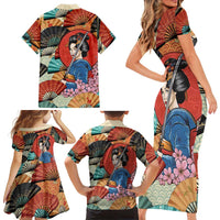 Japanese Geisha Katana Family Matching Short Sleeve Bodycon Dress and Hawaiian Shirt Japan Sensu Seigaiha Pattern - Polynesian Pride