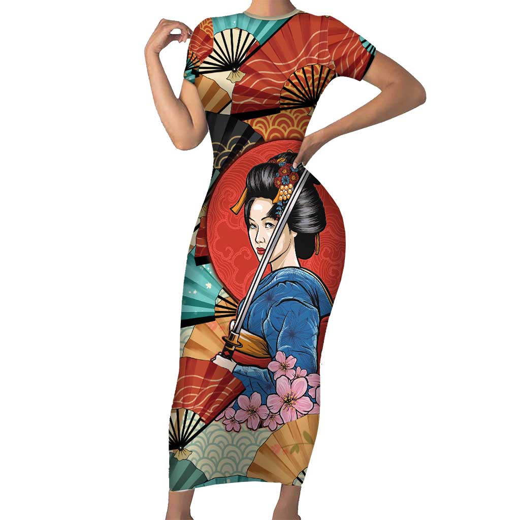 Japanese Geisha Katana Family Matching Short Sleeve Bodycon Dress and Hawaiian Shirt Japan Sensu Seigaiha Pattern - Polynesian Pride