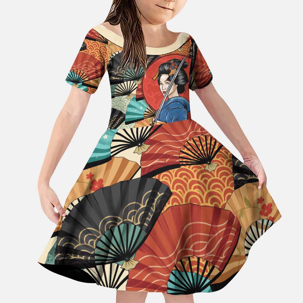Japanese Geisha Katana Family Matching Summer Maxi Dress and Hawaiian Shirt Japan Sensu Seigaiha Pattern - Polynesian Pride