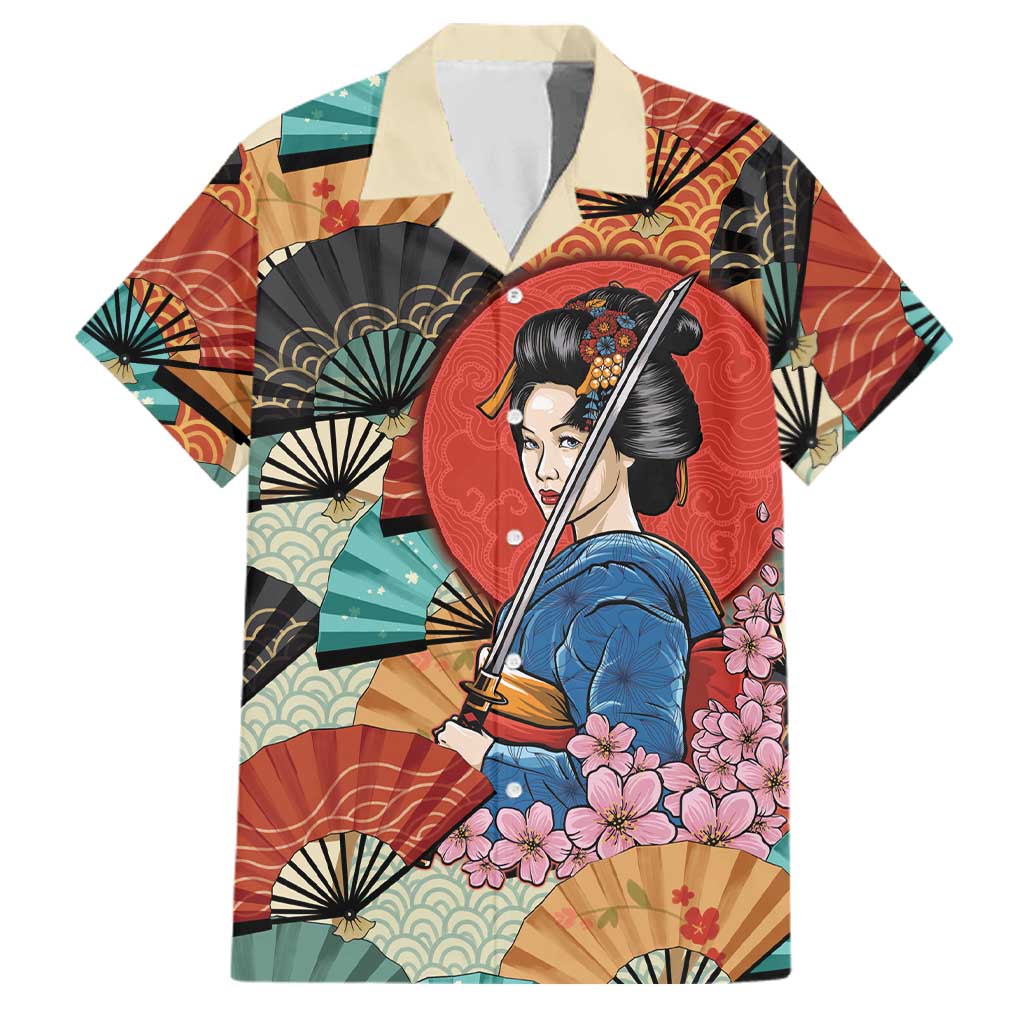 Japanese Geisha Katana Family Matching Summer Maxi Dress and Hawaiian Shirt Japan Sensu Seigaiha Pattern - Polynesian Pride
