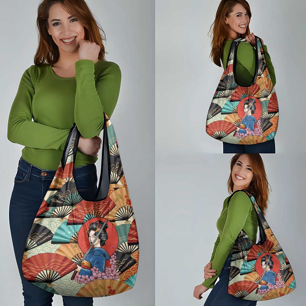 Japanese Geisha Katana Grocery Bag Japan Sensu Seigaiha Pattern LT14 - Polynesian Pride