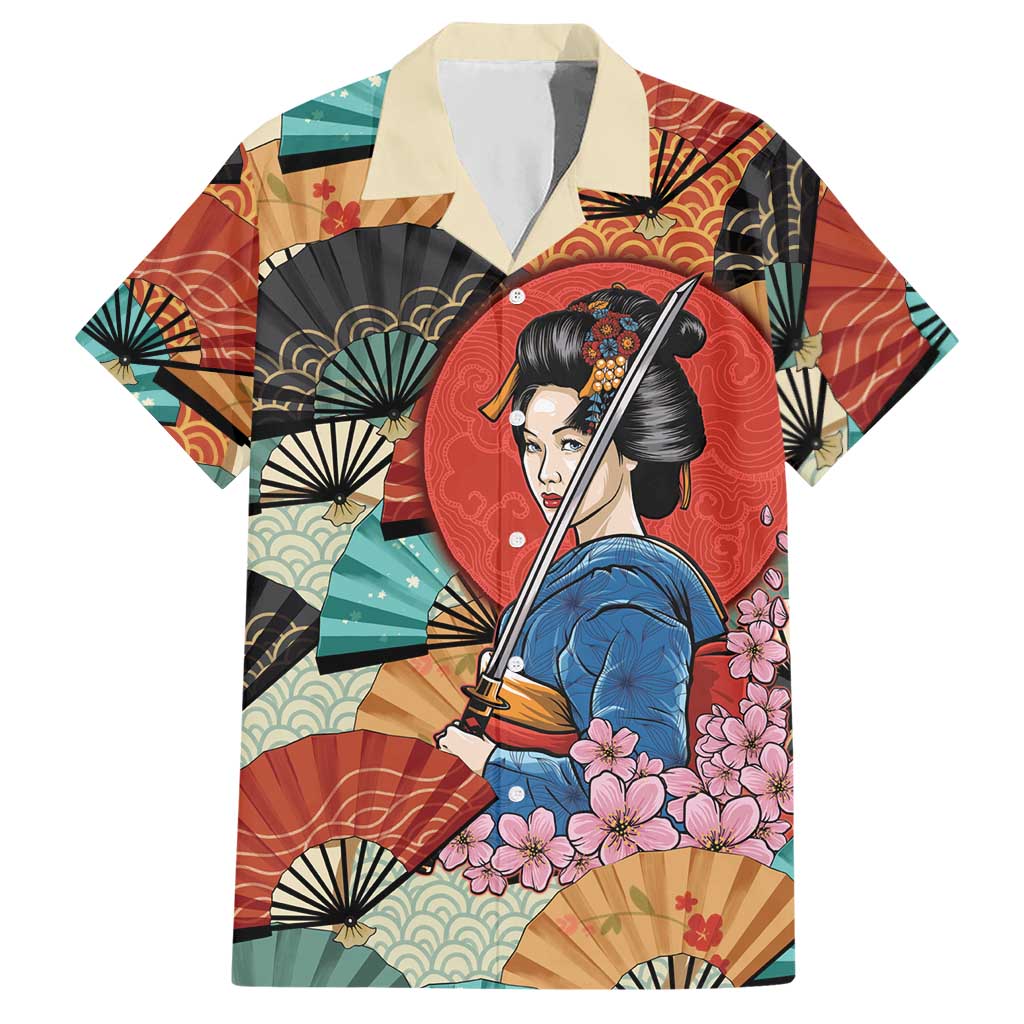 Japanese Geisha Katana Hawaiian Shirt Japan Sensu Seigaiha Pattern LT14 Multicolor - Polynesian Pride