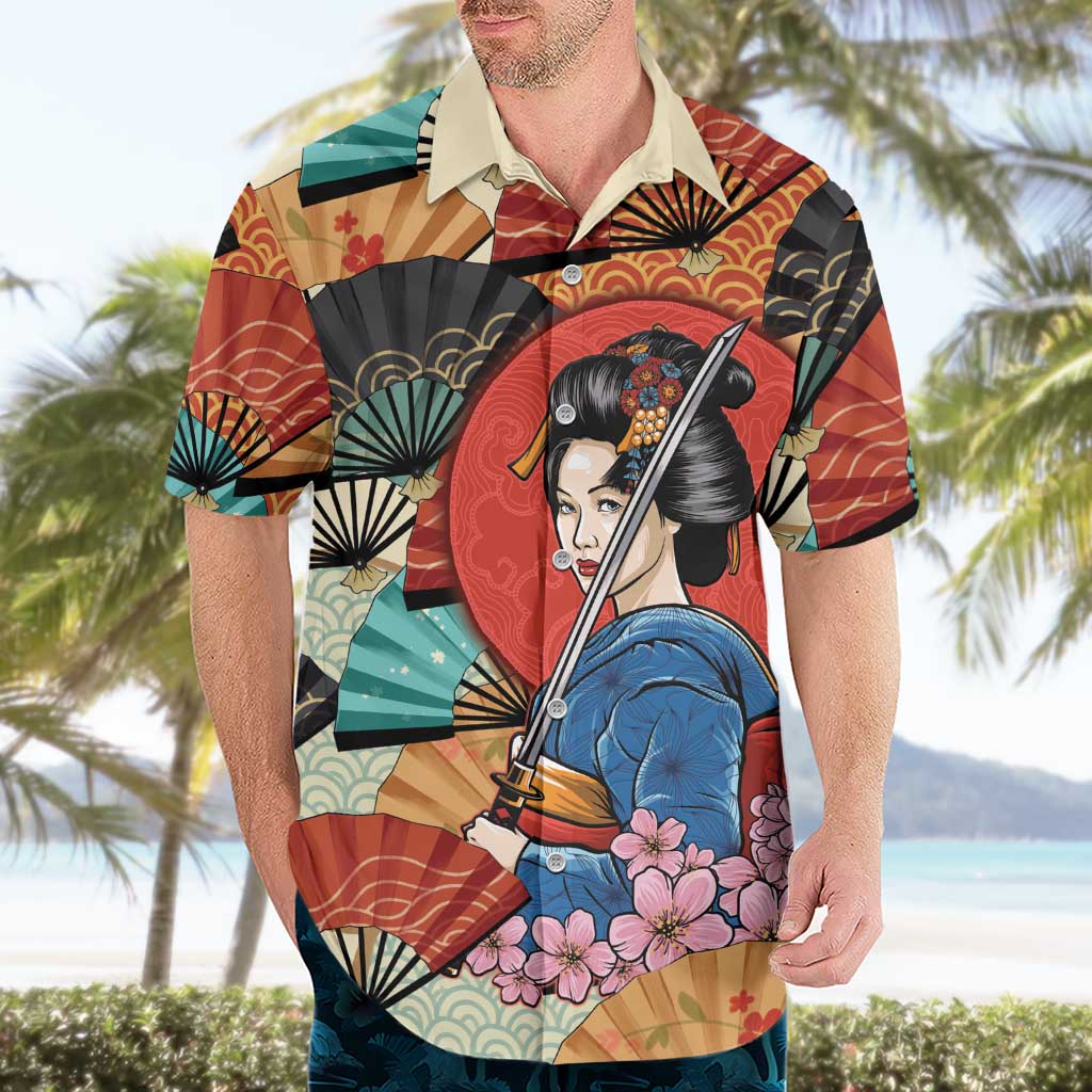 Japanese Geisha Katana Hawaiian Shirt Japan Sensu Seigaiha Pattern LT14 - Polynesian Pride