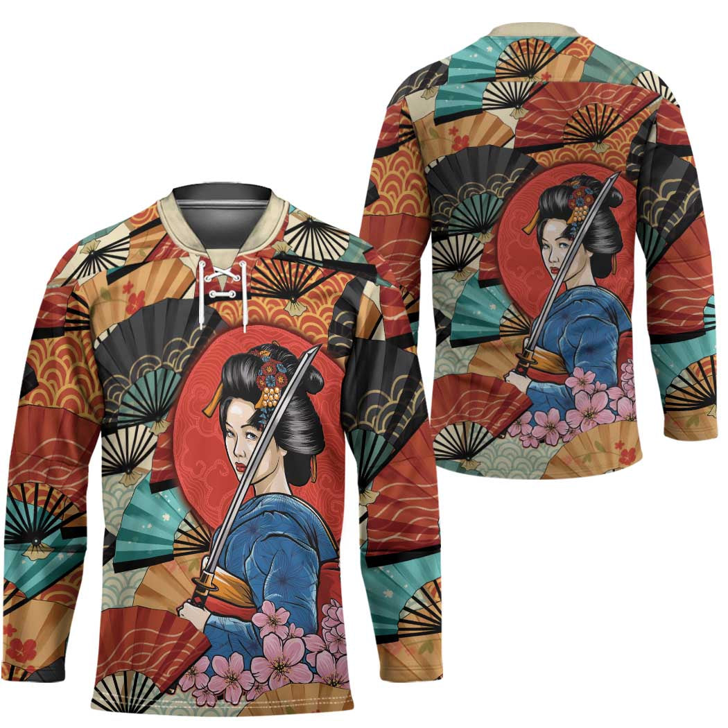 Japanese Geisha Katana Hockey Jersey Japan Sensu Seigaiha Pattern LT14 - Polynesian Pride