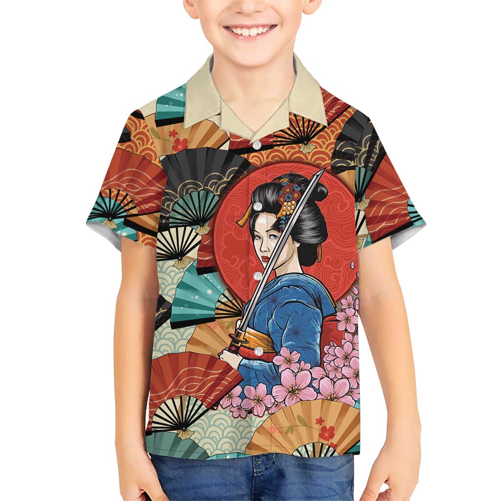 Japanese Geisha Katana Kid Hawaiian Shirt Japan Sensu Seigaiha Pattern LT14 Kid Multicolor - Polynesian Pride
