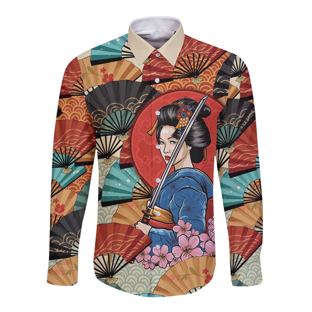 Japanese Geisha Katana Long Sleeve Button Shirt Japan Sensu Seigaiha Pattern - Polynesian Pride