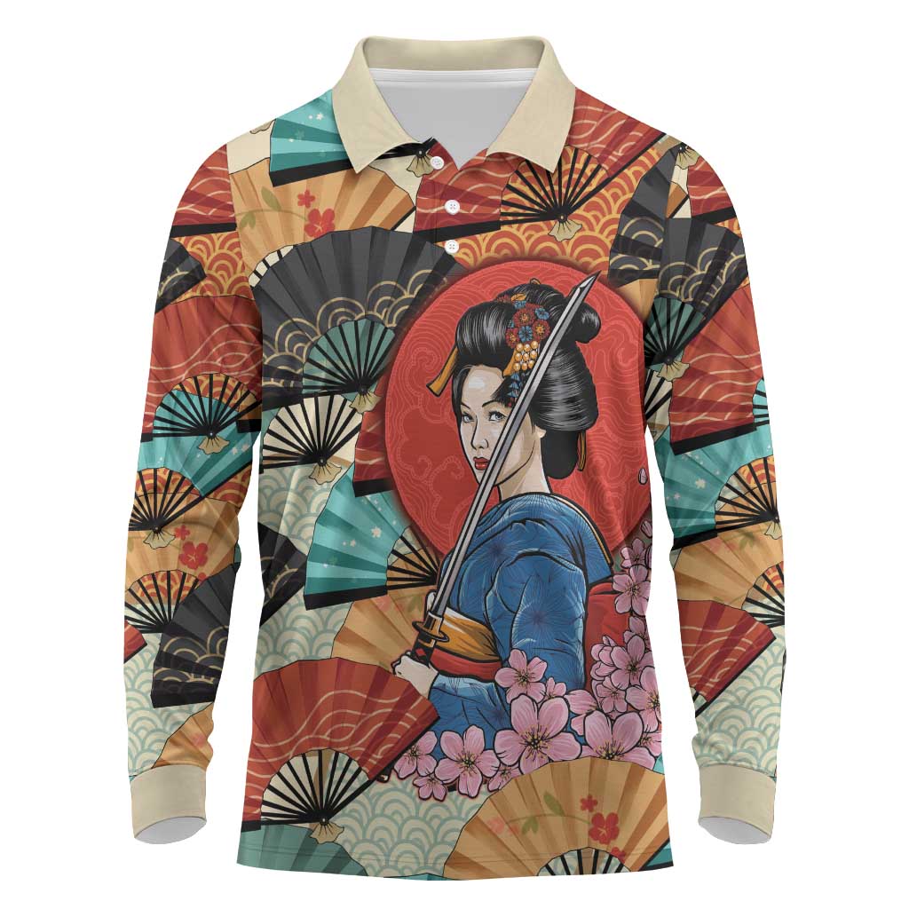 Japanese Geisha Katana Long Sleeve Polo Shirt Japan Sensu Seigaiha Pattern LT14 Multicolor - Polynesian Pride