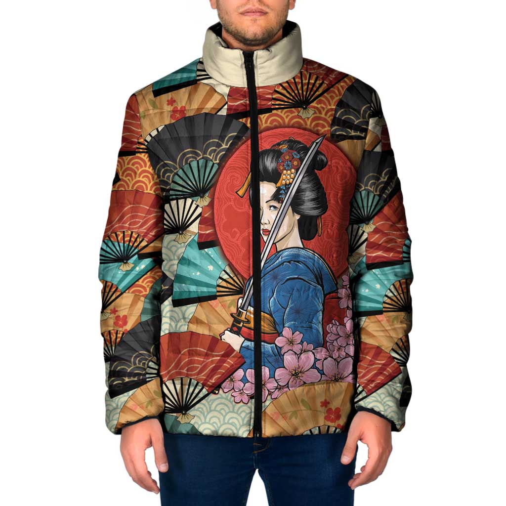 Japanese Geisha Katana Padded Jacket Japan Sensu Seigaiha Pattern - Polynesian Pride