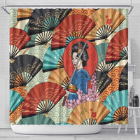 Japanese Geisha Katana Shower Curtain Japan Sensu Seigaiha Pattern LT14 - Polynesian Pride