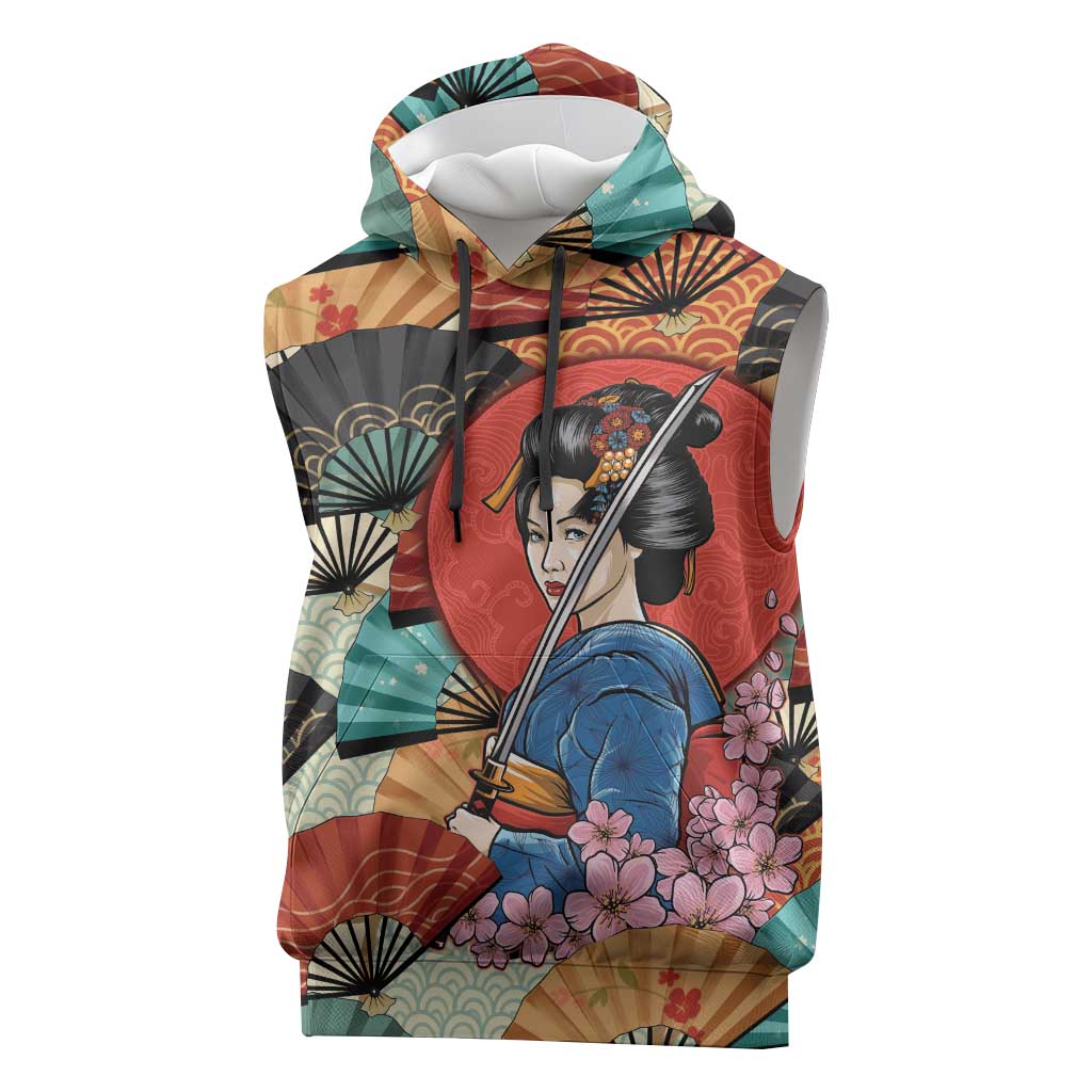 Japanese Geisha Katana Sleeveless Hoodie Japan Sensu Seigaiha Pattern LT14 Multicolor - Polynesian Pride
