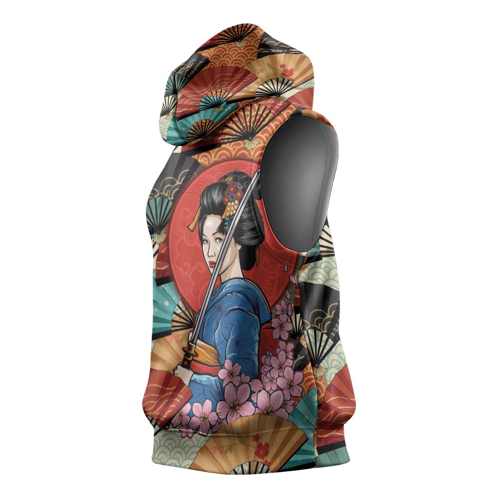 Japanese Geisha Katana Sleeveless Hoodie Japan Sensu Seigaiha Pattern - Polynesian Pride