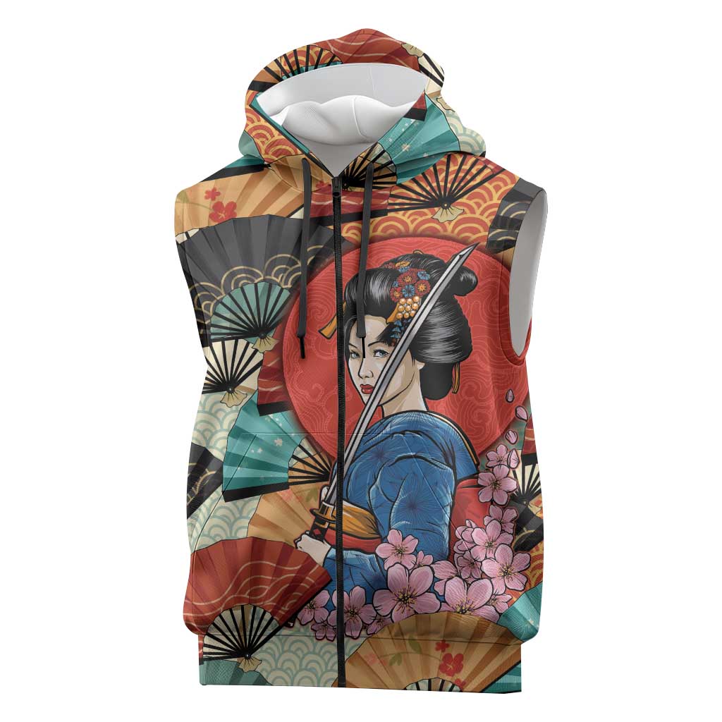 Japanese Geisha Katana Sleeveless Zip Hoodie Japan Sensu Seigaiha Pattern LT14 Multicolor - Polynesian Pride