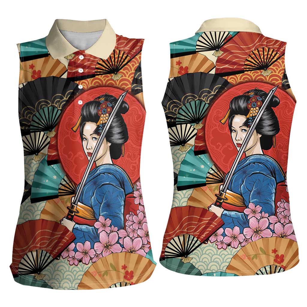 Japanese Geisha Katana Women Sleeveless Polo Shirt Japan Sensu Seigaiha Pattern - Polynesian Pride