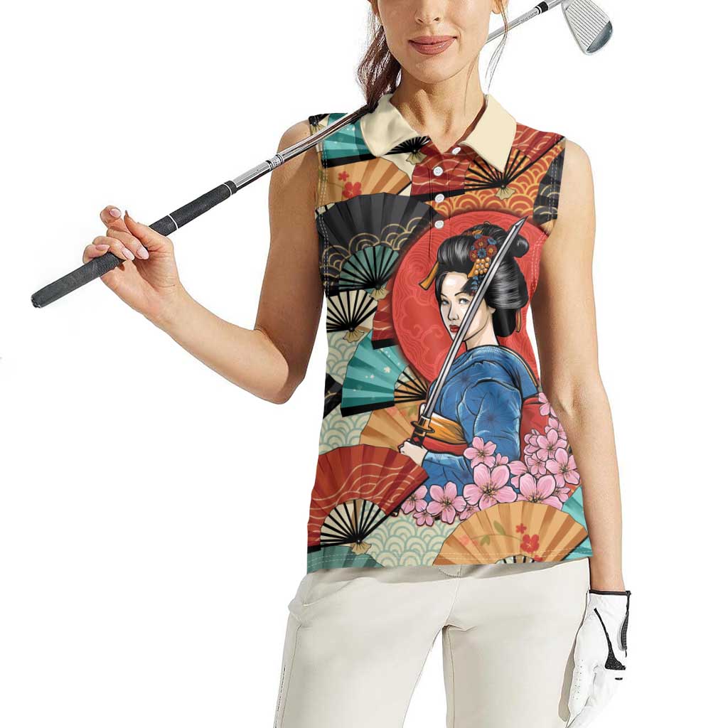 Japanese Geisha Katana Women Sleeveless Polo Shirt Japan Sensu Seigaiha Pattern - Polynesian Pride