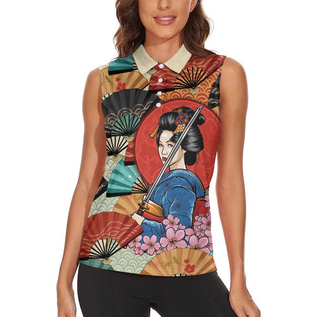 Japanese Geisha Katana Women Sleeveless Polo Shirt Japan Sensu Seigaiha Pattern - Polynesian Pride