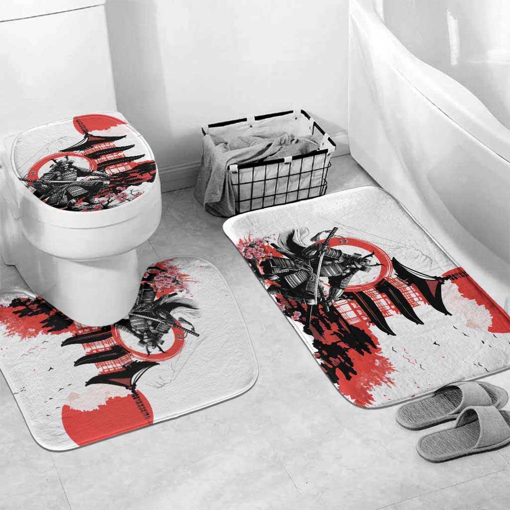 Japanese Samurai Warrior Enso Bathroom Set Japan Pagoda Sakura Watercolor LT14 Mat Set Only (3 pcs) One Size White - Polynesian Pride