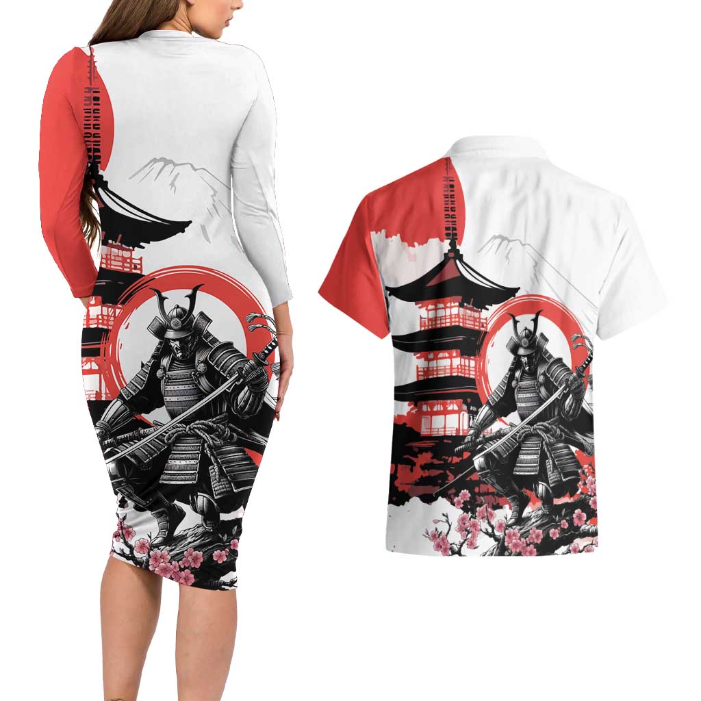Japanese Samurai Warrior Enso Couples Matching Long Sleeve Bodycon Dress and Hawaiian Shirt Japan Pagoda Sakura Watercolor - Polynesian Pride