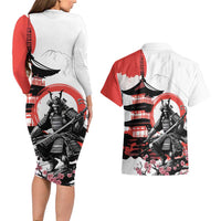 Japanese Samurai Warrior Enso Couples Matching Long Sleeve Bodycon Dress and Hawaiian Shirt Japan Pagoda Sakura Watercolor - Polynesian Pride