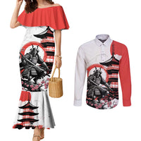 Japanese Samurai Warrior Enso Couples Matching Mermaid Dress and Long Sleeve Button Shirt Japan Pagoda Sakura Watercolor LT14 White - Polynesian Pride
