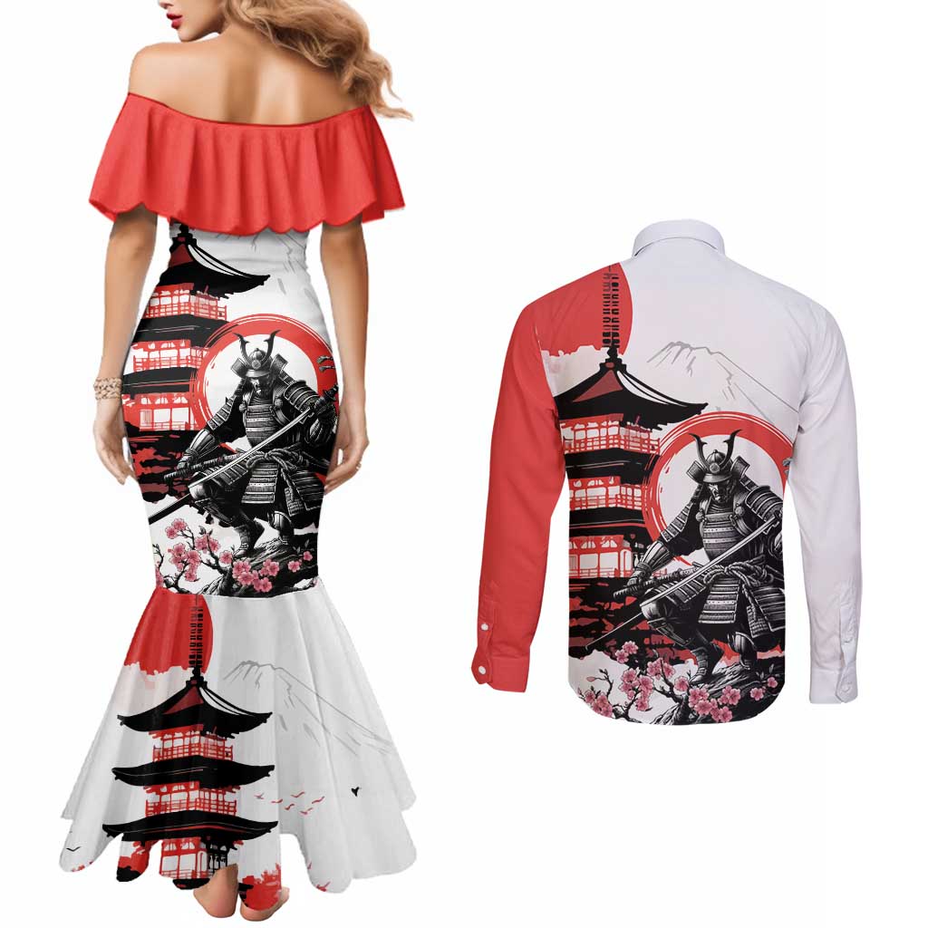 Japanese Samurai Warrior Enso Couples Matching Mermaid Dress and Long Sleeve Button Shirt Japan Pagoda Sakura Watercolor LT14 - Polynesian Pride