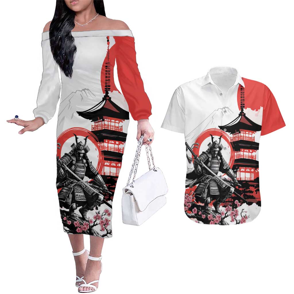 Japanese Samurai Warrior Enso Couples Matching Off The Shoulder Long Sleeve Dress and Hawaiian Shirt Japan Pagoda Sakura Watercolor - Polynesian Pride