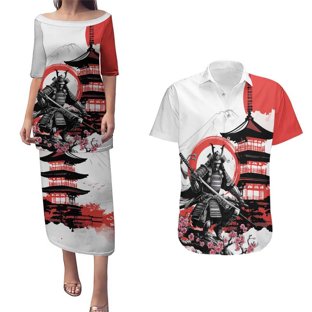 Japanese Samurai Warrior Enso Couples Matching Puletasi and Hawaiian Shirt Japan Pagoda Sakura Watercolor - Polynesian Pride
