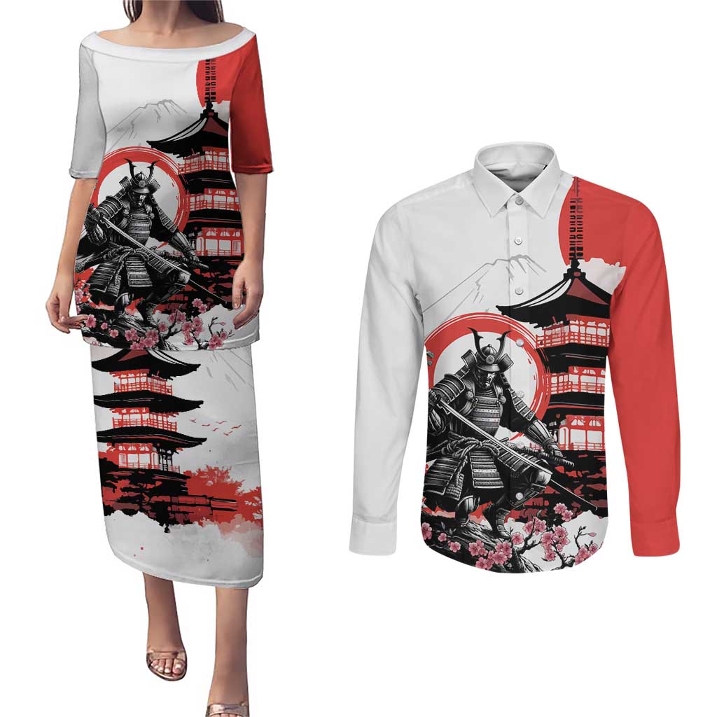 Japanese Samurai Warrior Enso Couples Matching Puletasi and Long Sleeve Button Shirt Japan Pagoda Sakura Watercolor LT14 White - Polynesian Pride