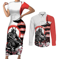 Japanese Samurai Warrior Enso Couples Matching Short Sleeve Bodycon Dress and Long Sleeve Button Shirt Japan Pagoda Sakura Watercolor - Polynesian Pride