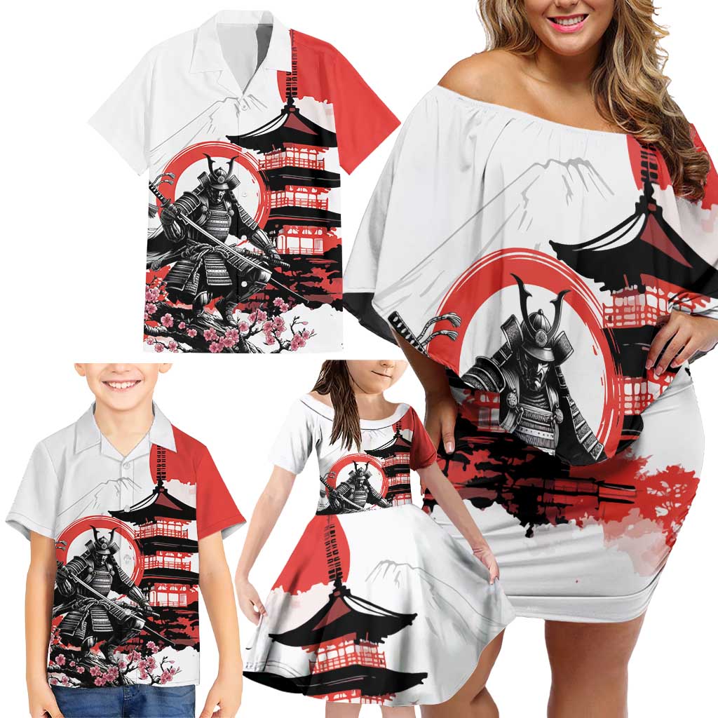Japanese Samurai Warrior Enso Family Matching Off Shoulder Short Dress and Hawaiian Shirt Japan Pagoda Sakura Watercolor LT14 - Polynesian Pride