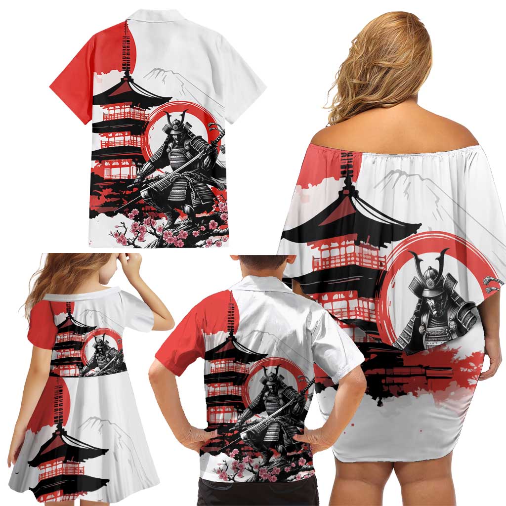 Japanese Samurai Warrior Enso Family Matching Off Shoulder Short Dress and Hawaiian Shirt Japan Pagoda Sakura Watercolor LT14 - Polynesian Pride