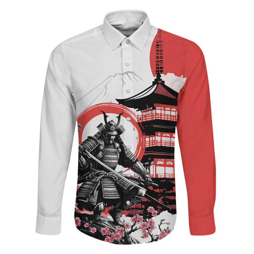 Japanese Samurai Warrior Enso Family Matching Off Shoulder Short Dress and Hawaiian Shirt Japan Pagoda Sakura Watercolor LT14 Dad's Shirt - Long Sleeve White - Polynesian Pride