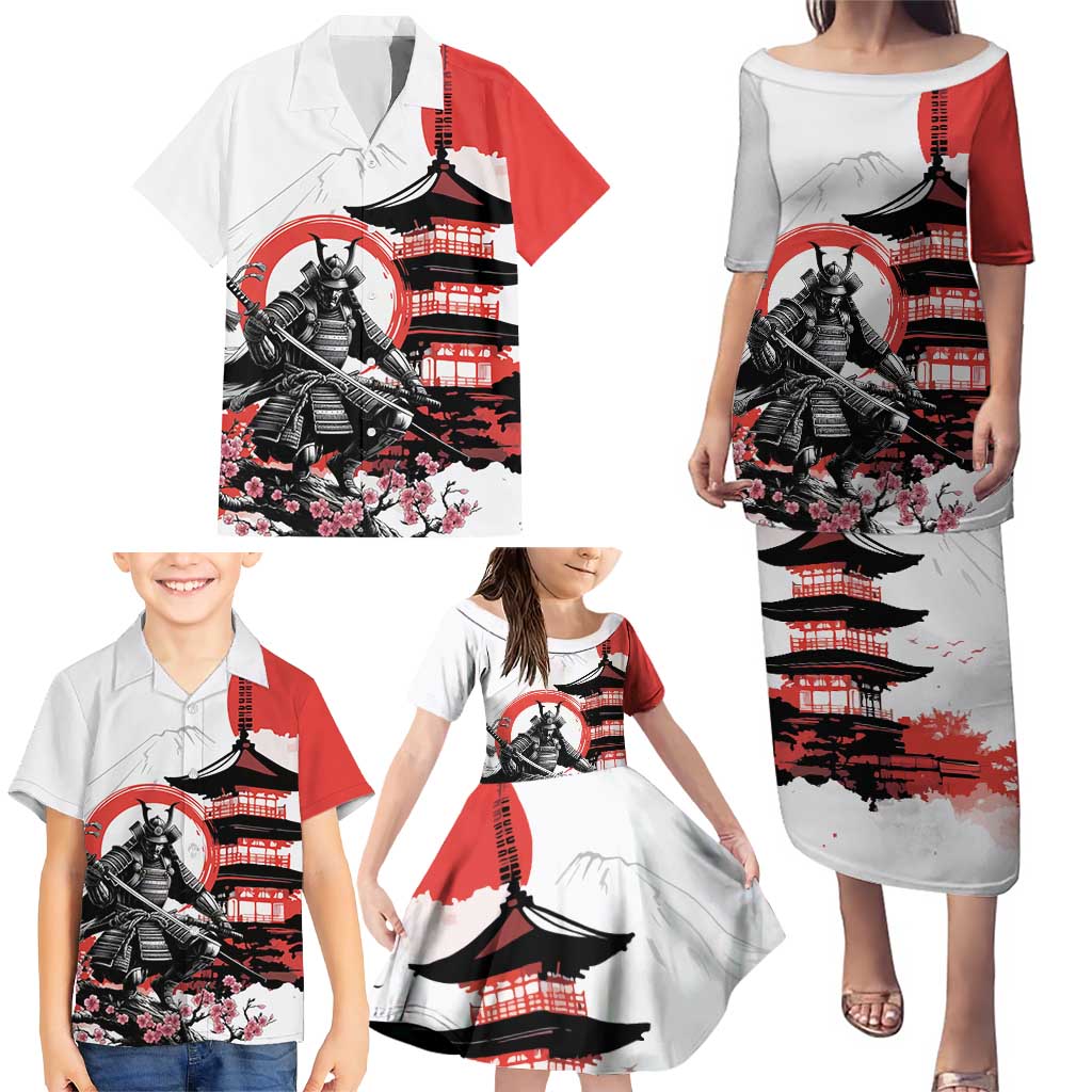 Japanese Samurai Warrior Enso Family Matching Puletasi and Hawaiian Shirt Japan Pagoda Sakura Watercolor - Polynesian Pride