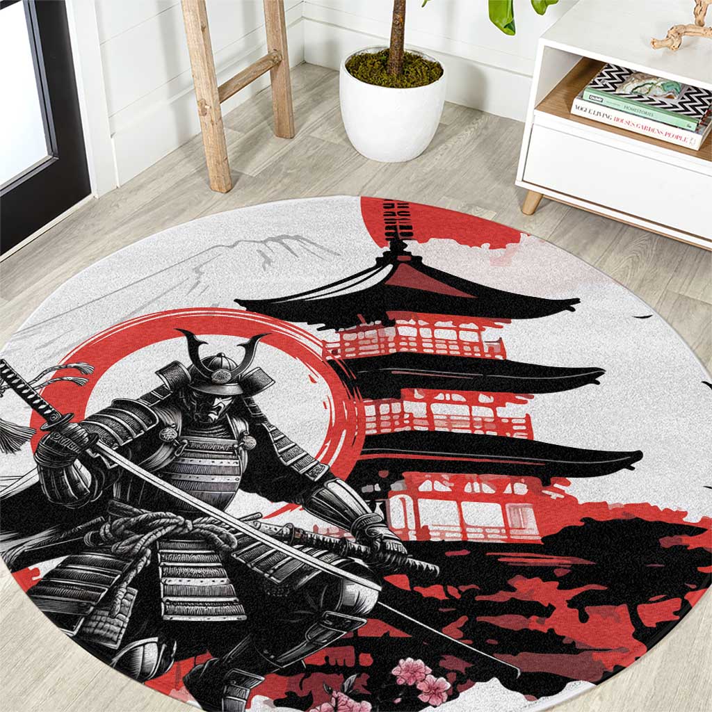 Japanese Samurai Warrior Enso Round Carpet Japan Pagoda Sakura Watercolor - Polynesian Pride