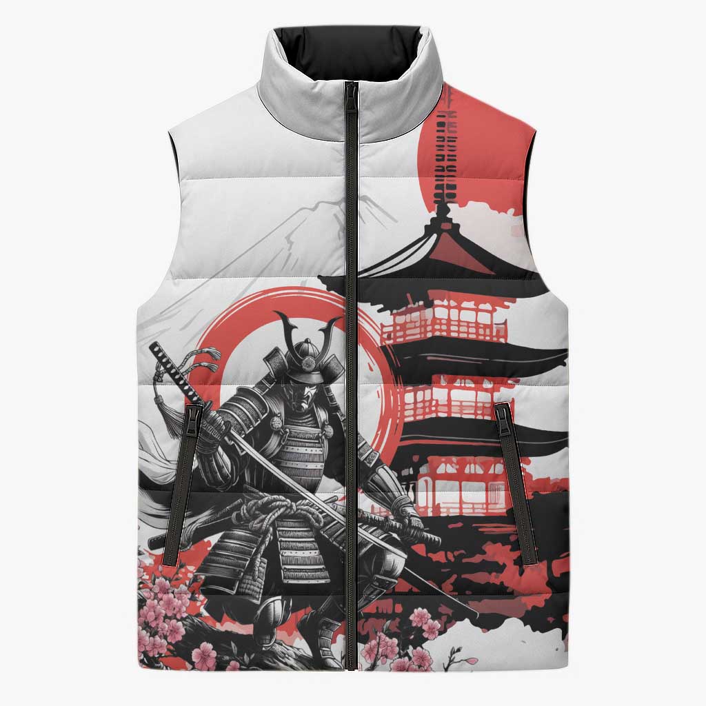Japanese Samurai Warrior Enso Sleeveless Puffer Jacket Japan Pagoda Sakura Watercolor - Polynesian Pride