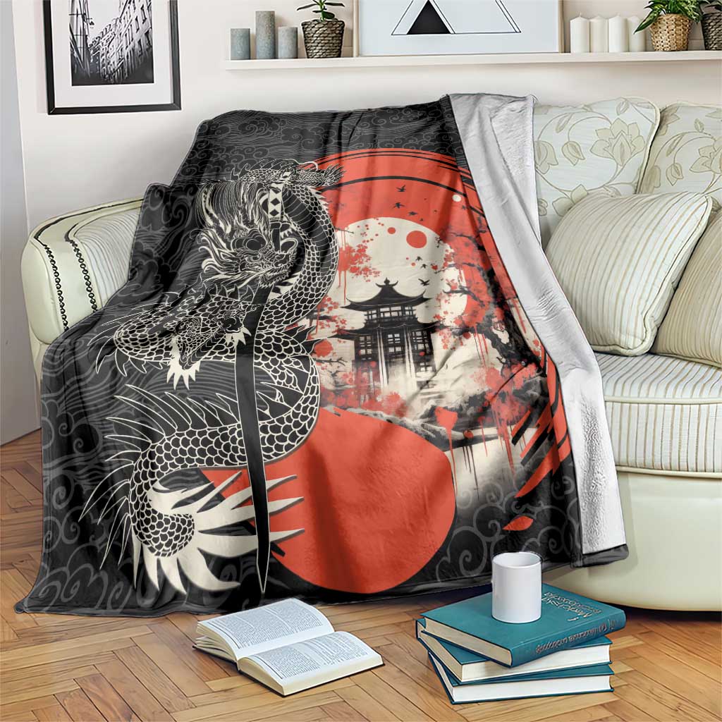 Japanese Dragon Katana Enso Blanket Japan Pagoda Seamless Cloud LT14 Black - Polynesian Pride