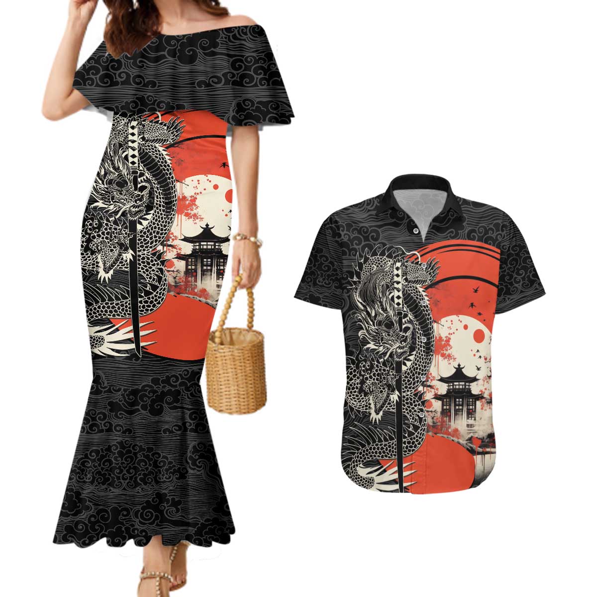 Japanese Dragon Katana Enso Couples Matching Mermaid Dress and Hawaiian Shirt Japan Pagoda Seamless Cloud LT14 Black - Polynesian Pride