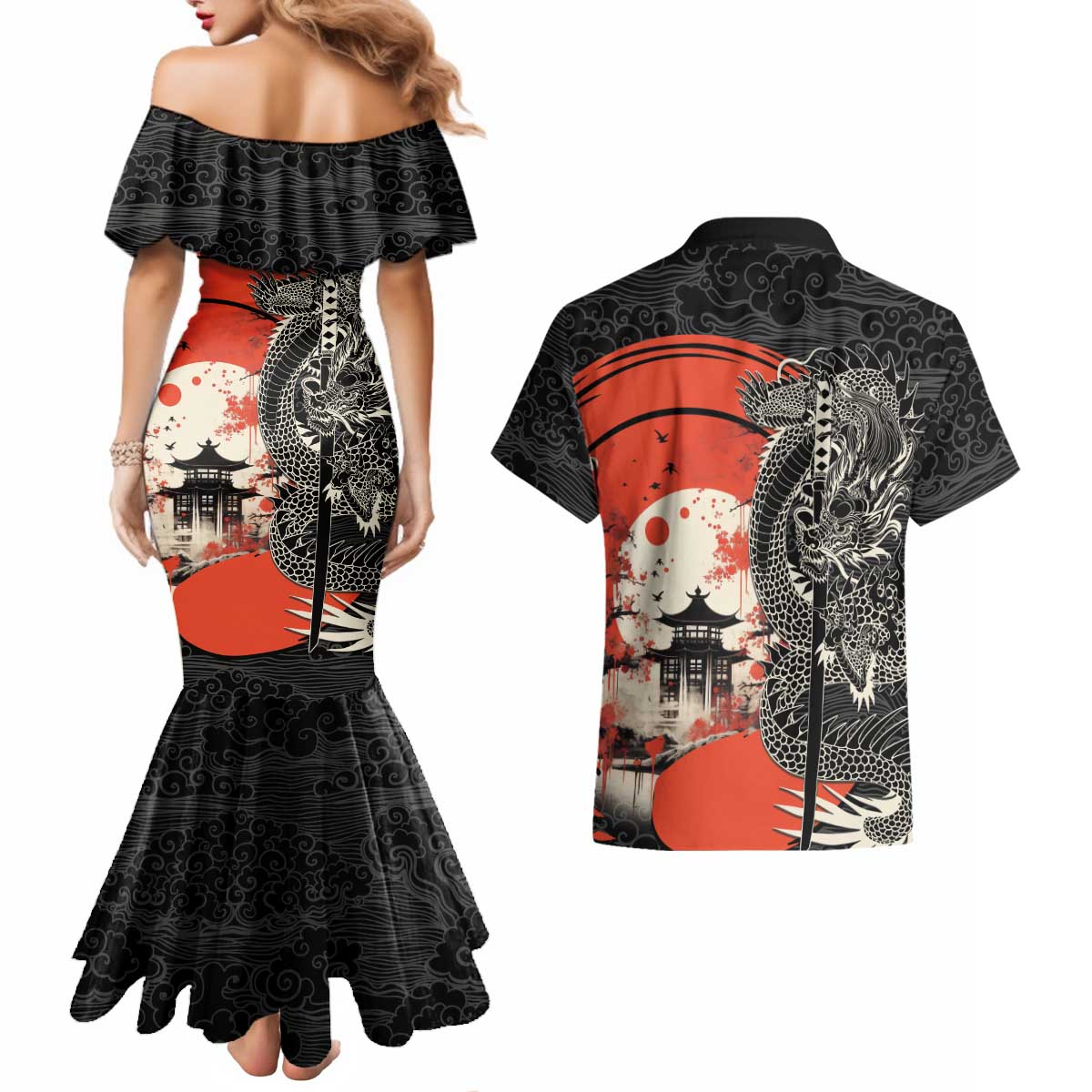Japanese Dragon Katana Enso Couples Matching Mermaid Dress and Hawaiian Shirt Japan Pagoda Seamless Cloud LT14 - Polynesian Pride