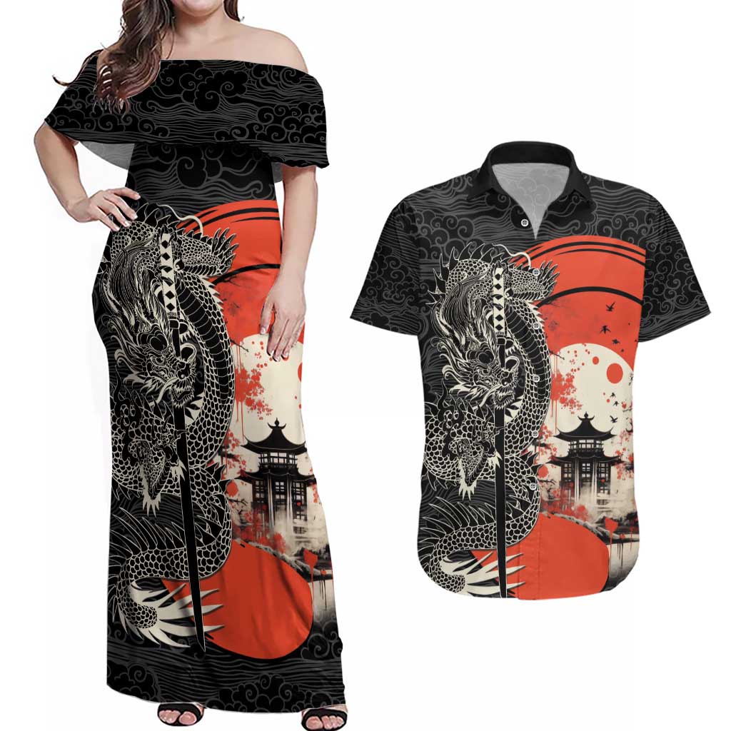 Japanese Dragon Katana Enso Couples Matching Off Shoulder Maxi Dress and Hawaiian Shirt Japan Pagoda Seamless Cloud LT14 Black - Polynesian Pride
