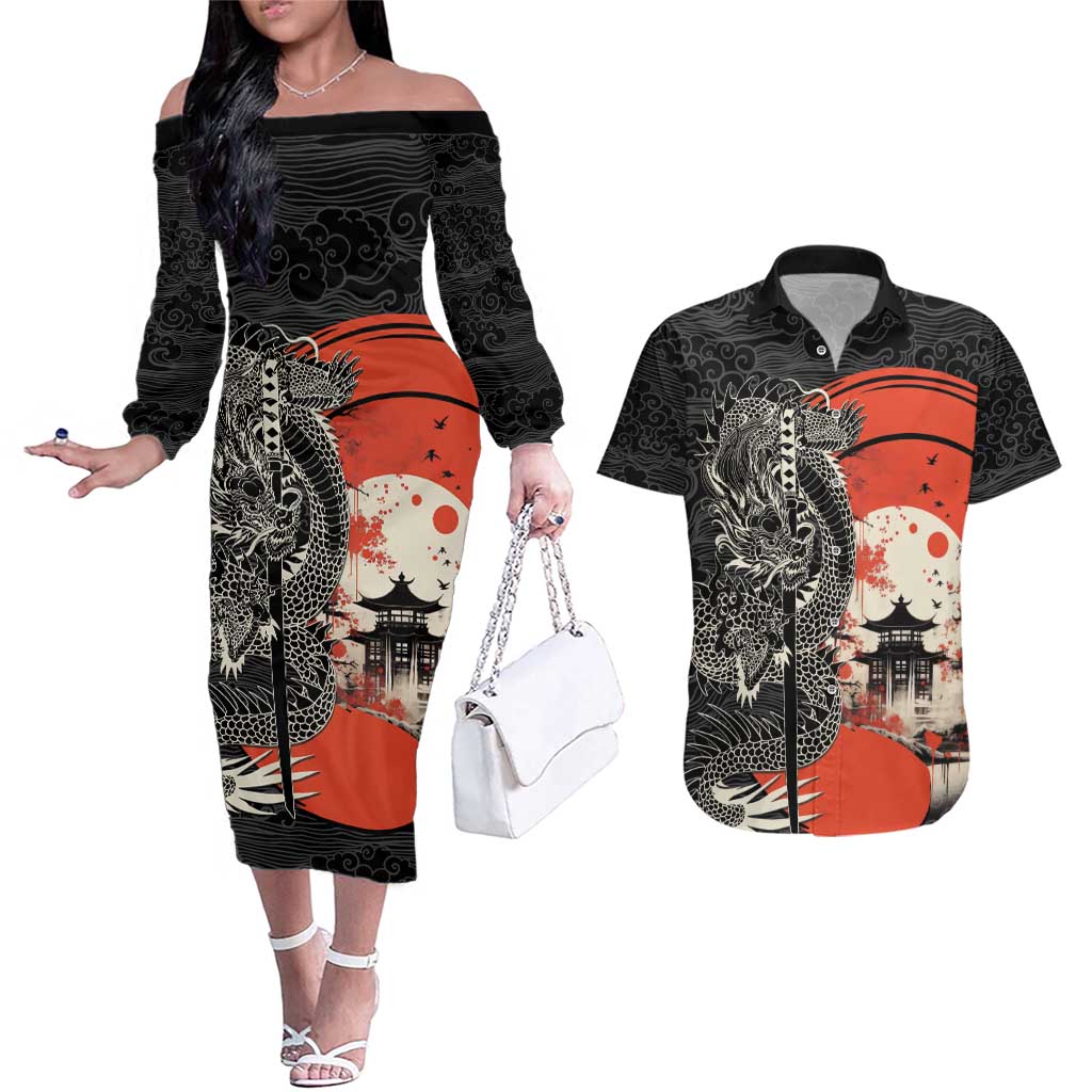 Japanese Dragon Katana Enso Couples Matching Off The Shoulder Long Sleeve Dress and Hawaiian Shirt Japan Pagoda Seamless Cloud - Polynesian Pride