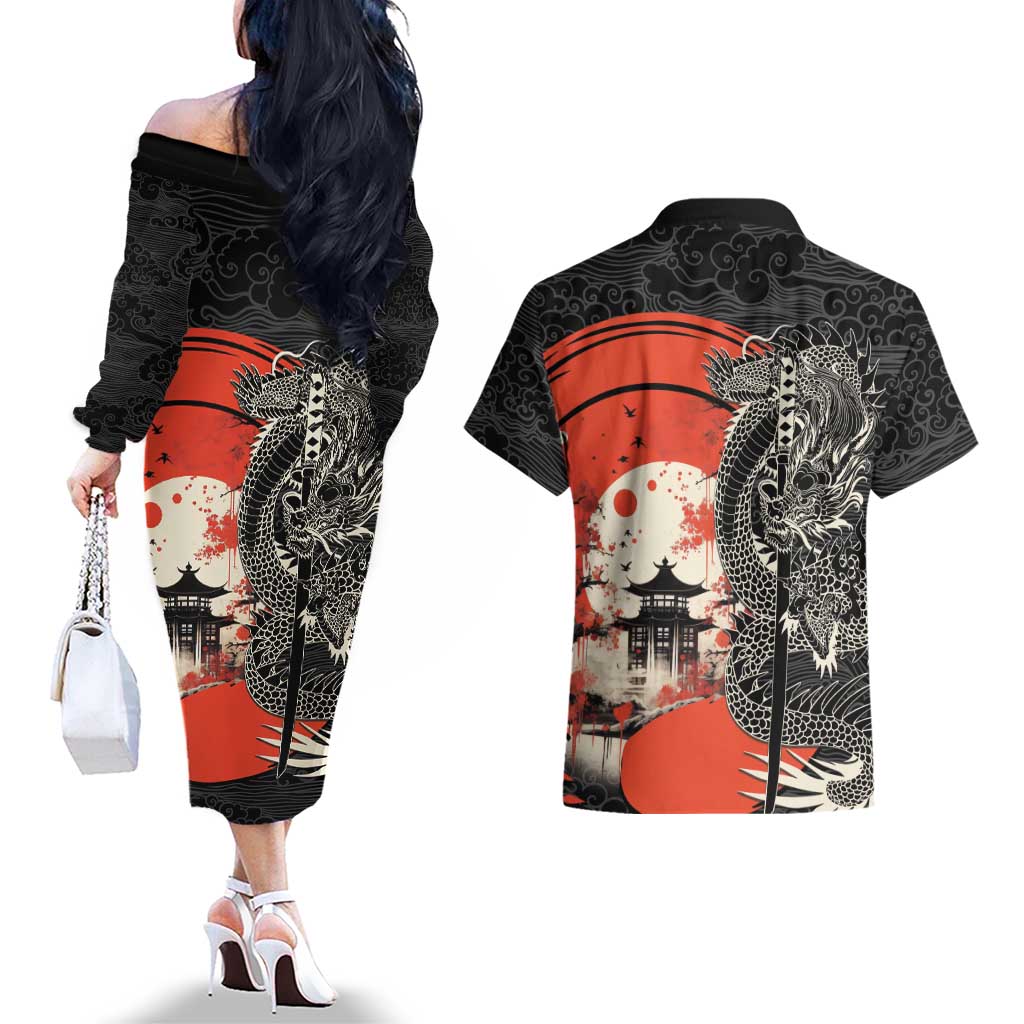 Japanese Dragon Katana Enso Couples Matching Off The Shoulder Long Sleeve Dress and Hawaiian Shirt Japan Pagoda Seamless Cloud - Polynesian Pride
