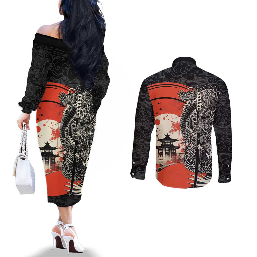 Japanese Dragon Katana Enso Couples Matching Off The Shoulder Long Sleeve Dress and Long Sleeve Button Shirt Japan Pagoda Seamless Cloud - Polynesian Pride